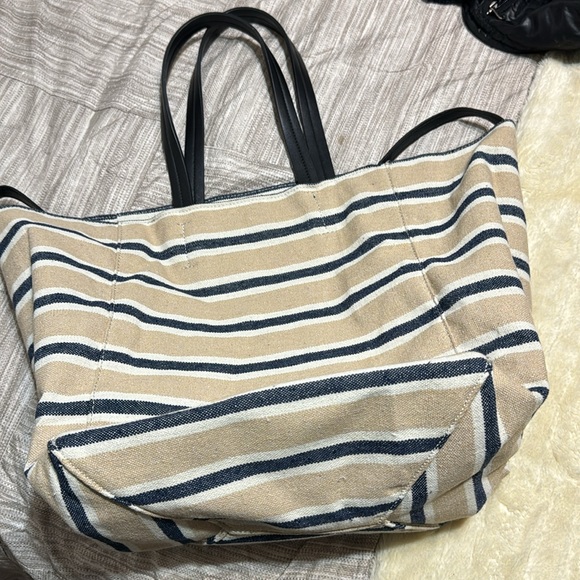Aqua striped canvas/leather tote - Picture 4 of 8